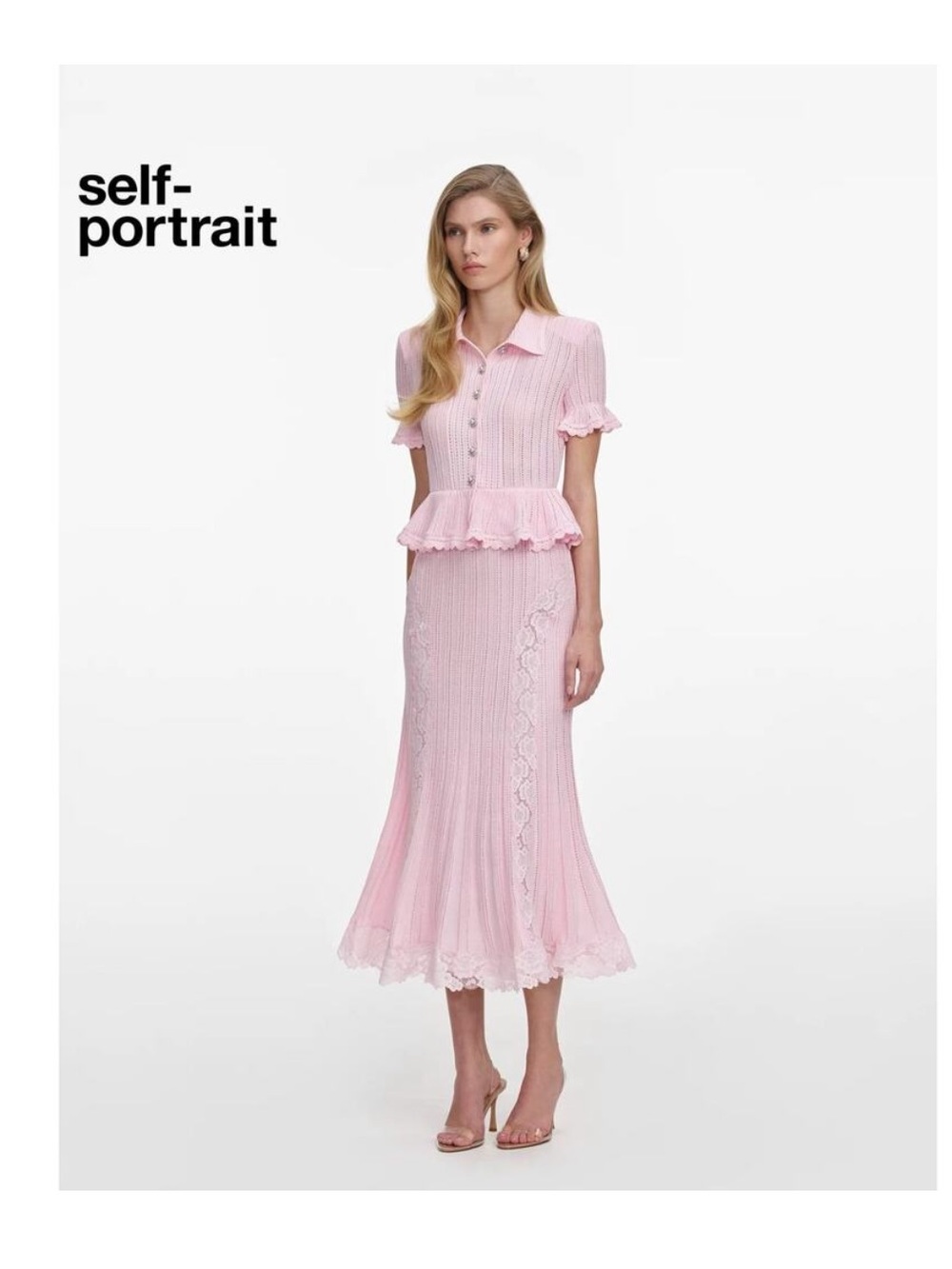 Self Portrait Pink Pointelle Peplum Knit Midi Dress